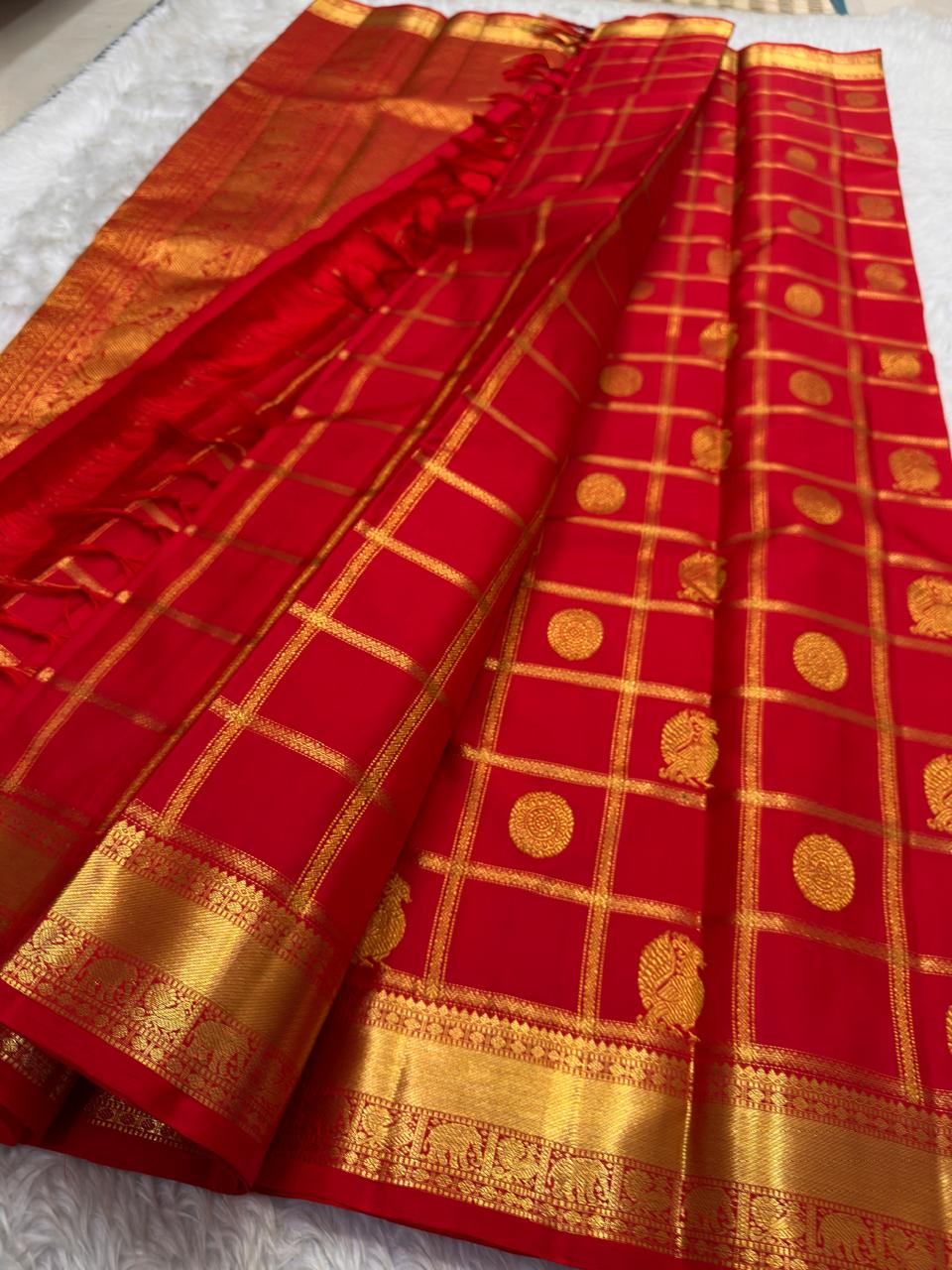 Pure Kanchipuram Handloom Bridal Silk Saree with Zari Beldari Checks